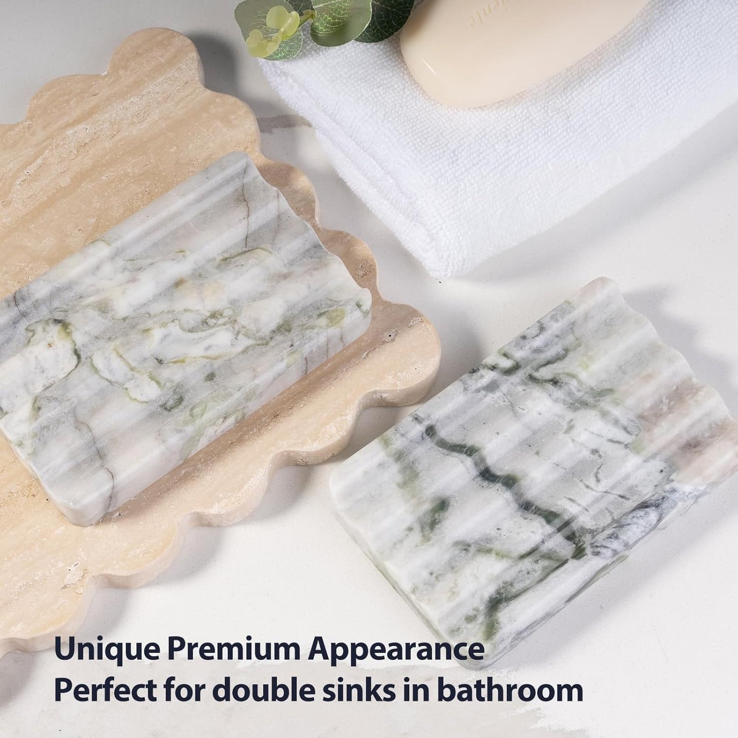 2 Pcs Soap Holder for Bathroom, Marble Soap Dish for Kitchen Countertop, Tray with Creative Wavy Design, Soap Saver for Bath Tub, Sponges, Italian Natural Stone(Bianco Palomino)