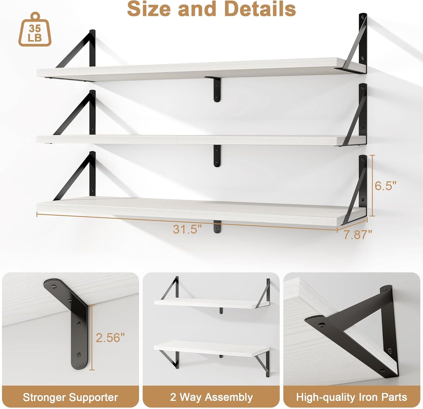 Fun Memories Floating Shelves, 32 x 8 Inches, Set of 3 Wall-Mounted Bookshelves with Metal Brackets, Decorative Storage for Home and Office (White)