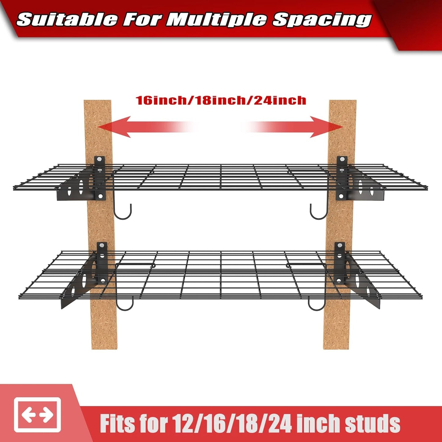 WALMANN 2 Pack Garage Wall Shelves, 2 x 4 ft/24 * 48 inch Wall Mounted Storage Shelves for Garage Heavy Duty Wall Shelving, Holds Up to 220 lbs(Black)