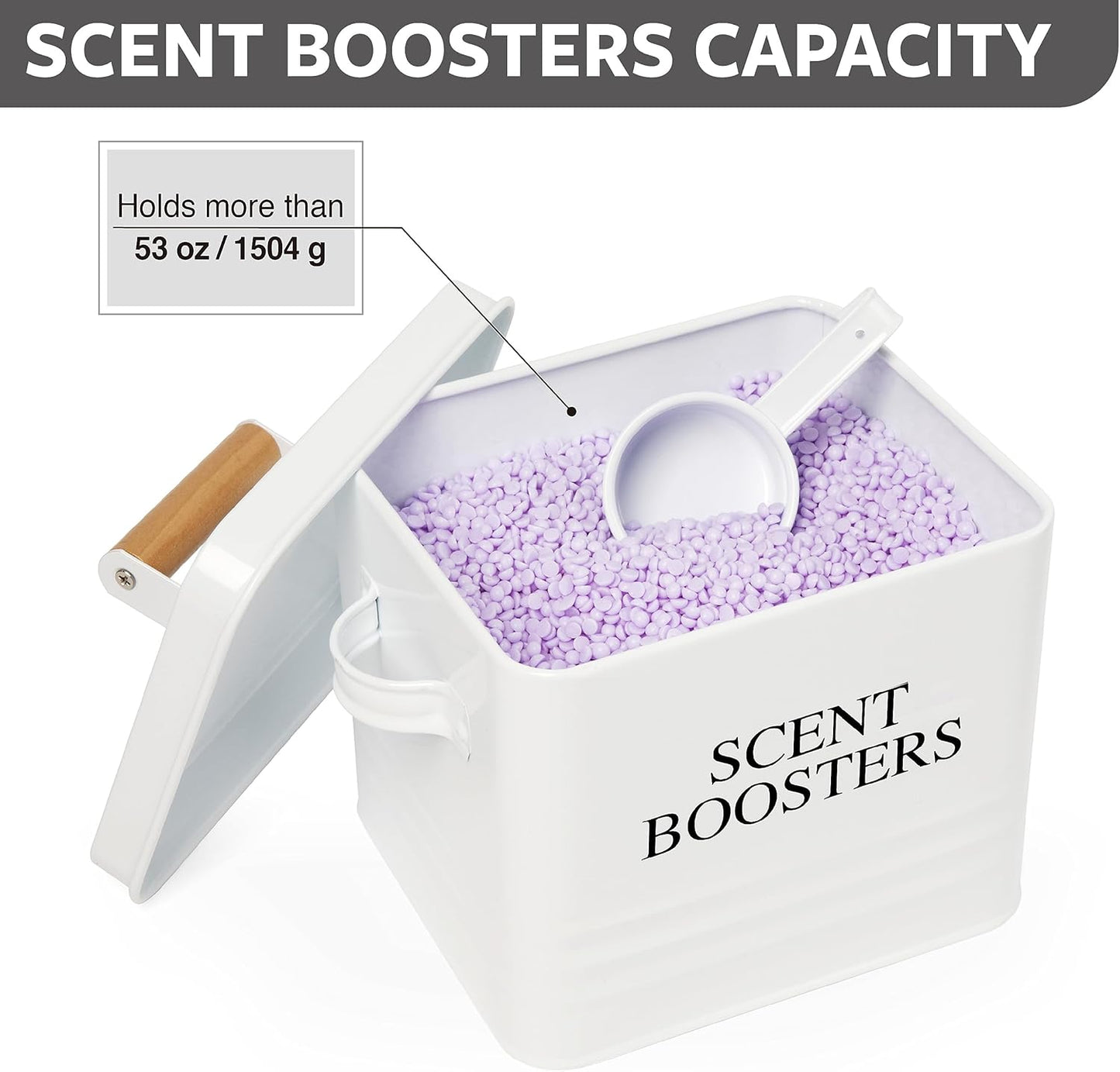 Calindiana Modern Farmhouse Metal Laundry Scent Booster Beads Dispenser Container with Scoop for Laundry Room Decor and Accessories and Space Saving Laundry Room Organization and Storage, White