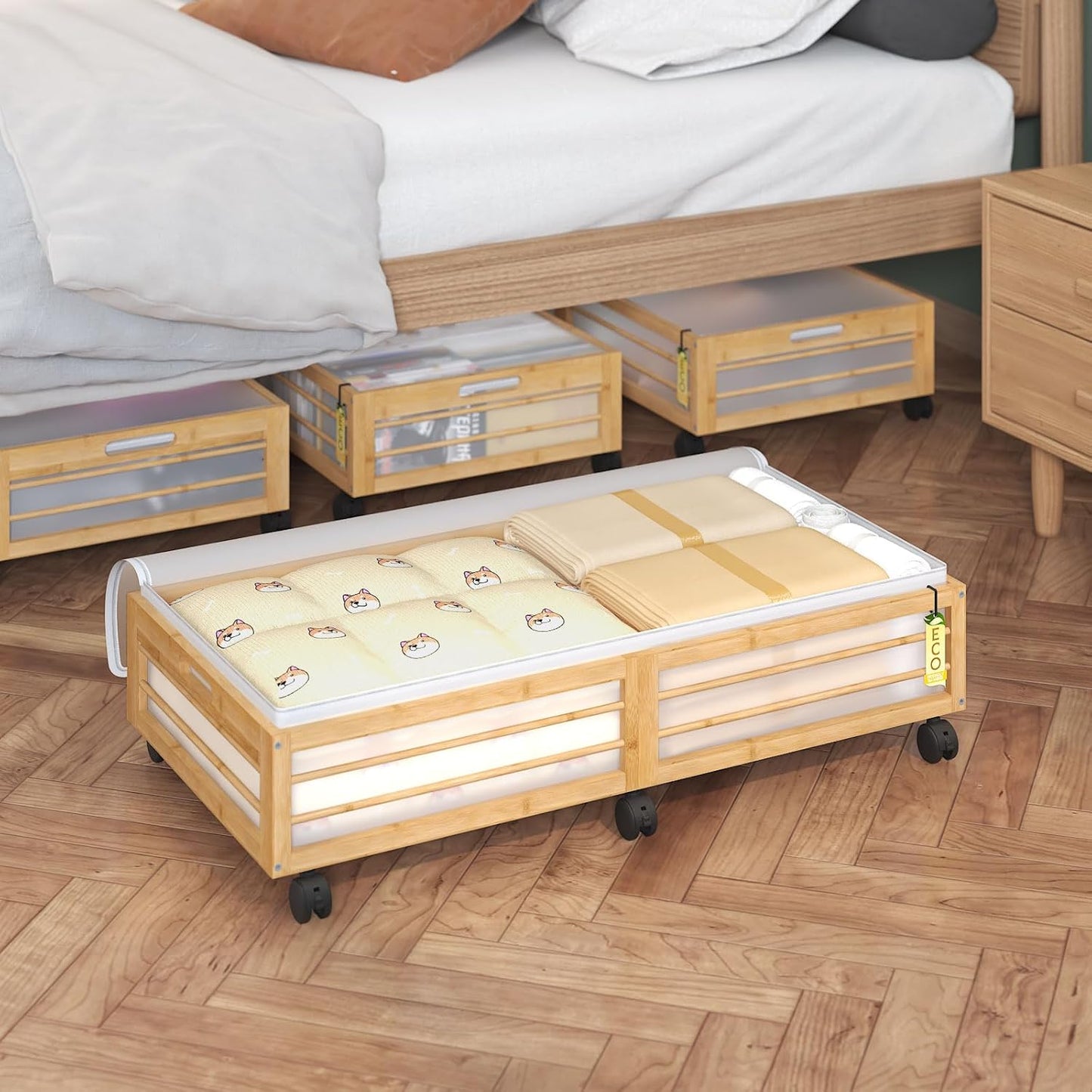 Under Bed Storage Containers with Wheels, Larger Bamboo Wood Under Furniture Storage Containers with Dust Bags，Rolling for Shoes Clothes
