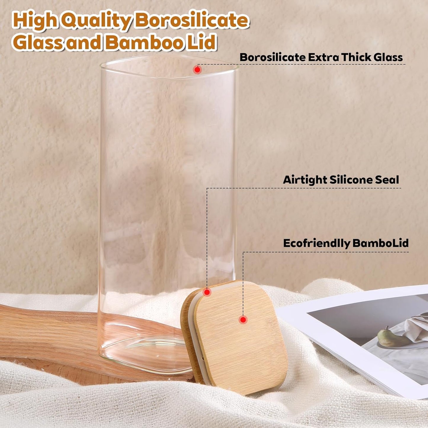 2 Pack Glass Flour and Sugar Containers Jars with Bamboo Airtight Lid Large 1750ml Glass Food Storage Containers for Spaghetti Pasta, Cereal, Candy, Cookies, Coffee, Oat