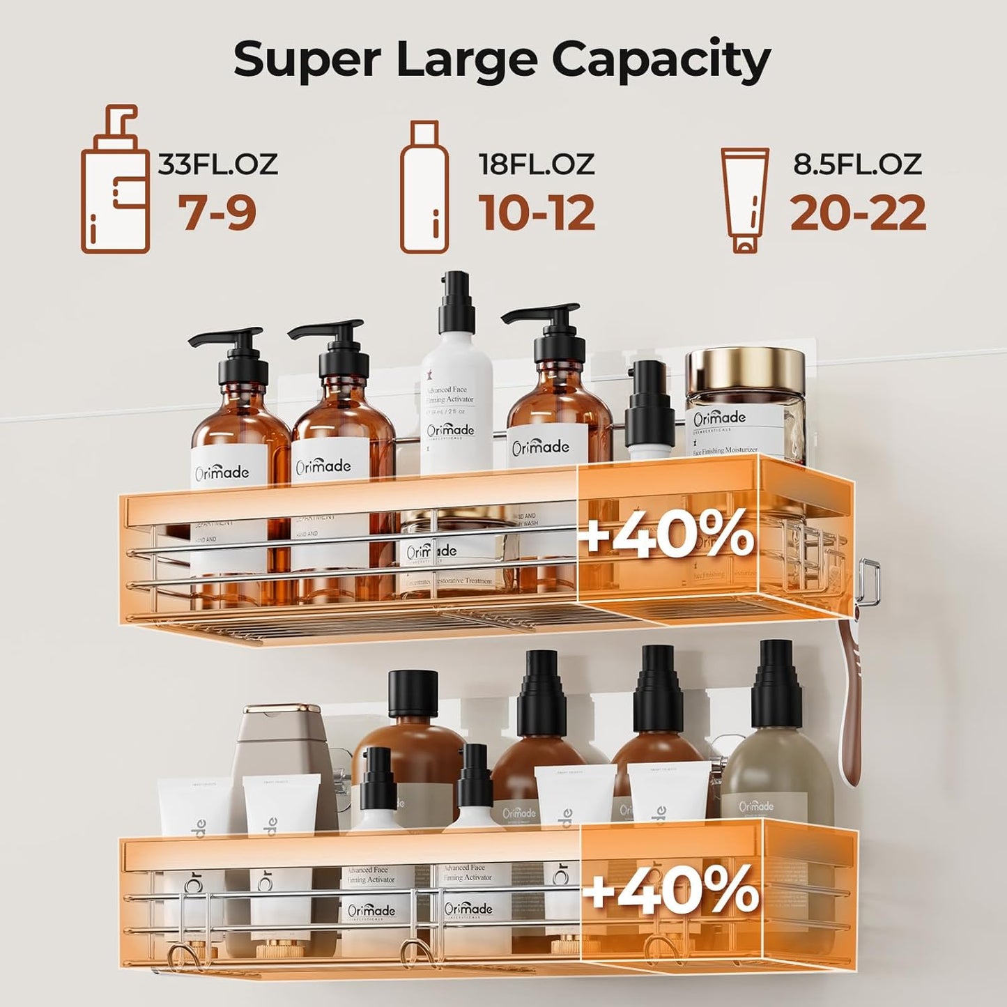 Orimade Shower Caddy with 5 Hooks Organizer for Hanging Razor and Sponge Bathroom Basket Adhesive Shower Shelf Storage Kitchen Rack Wall Mounted No Drilling Rustproof Stainless Steel - 2 Pack