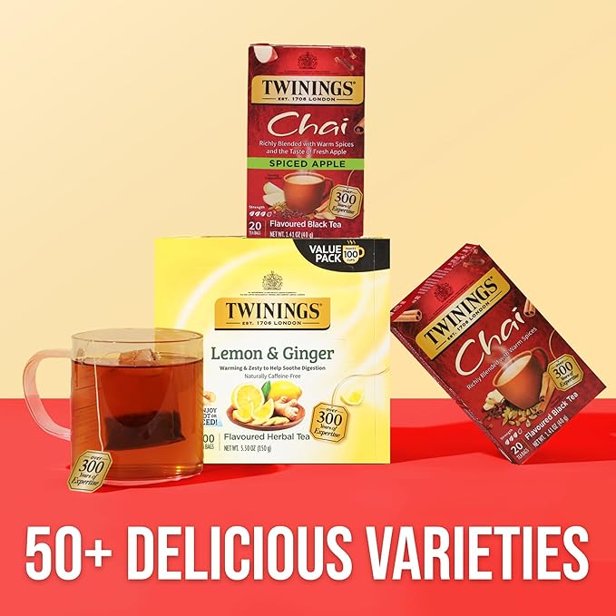 Twinings Spiced Apple Chai Black Tea Individually Wrapped Bags, 20 Count (Pack of 1), Sweet, Savoury Spices, Caffeinated, Enjoy Hot or Iced, 20 Teabags