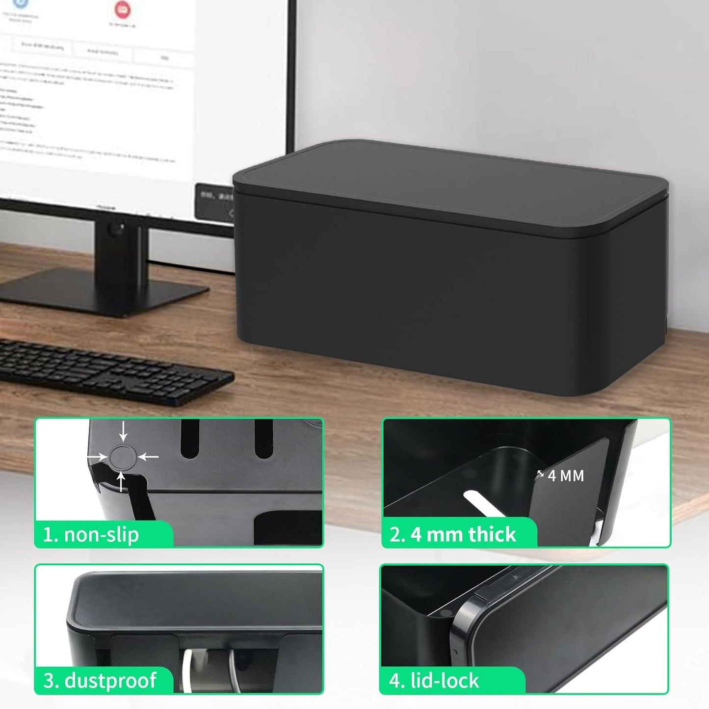 Cord Organizer Box, Cable Hider for Power Strips, Surge Protector, Extension Cord and Wire Management, Cable Management Box (2PCS/Large and Medium Size/Black)