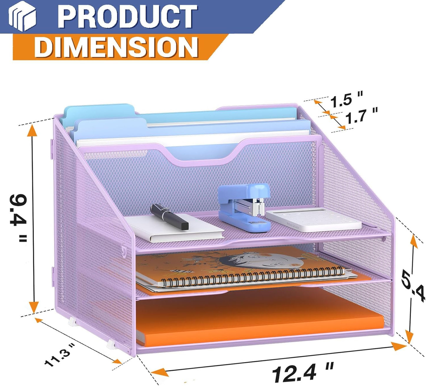 Letter Tray Organizer, Mesh Desk File Organizer with 3 Paper Trays and 2 Vertical Upright Section (Purple)