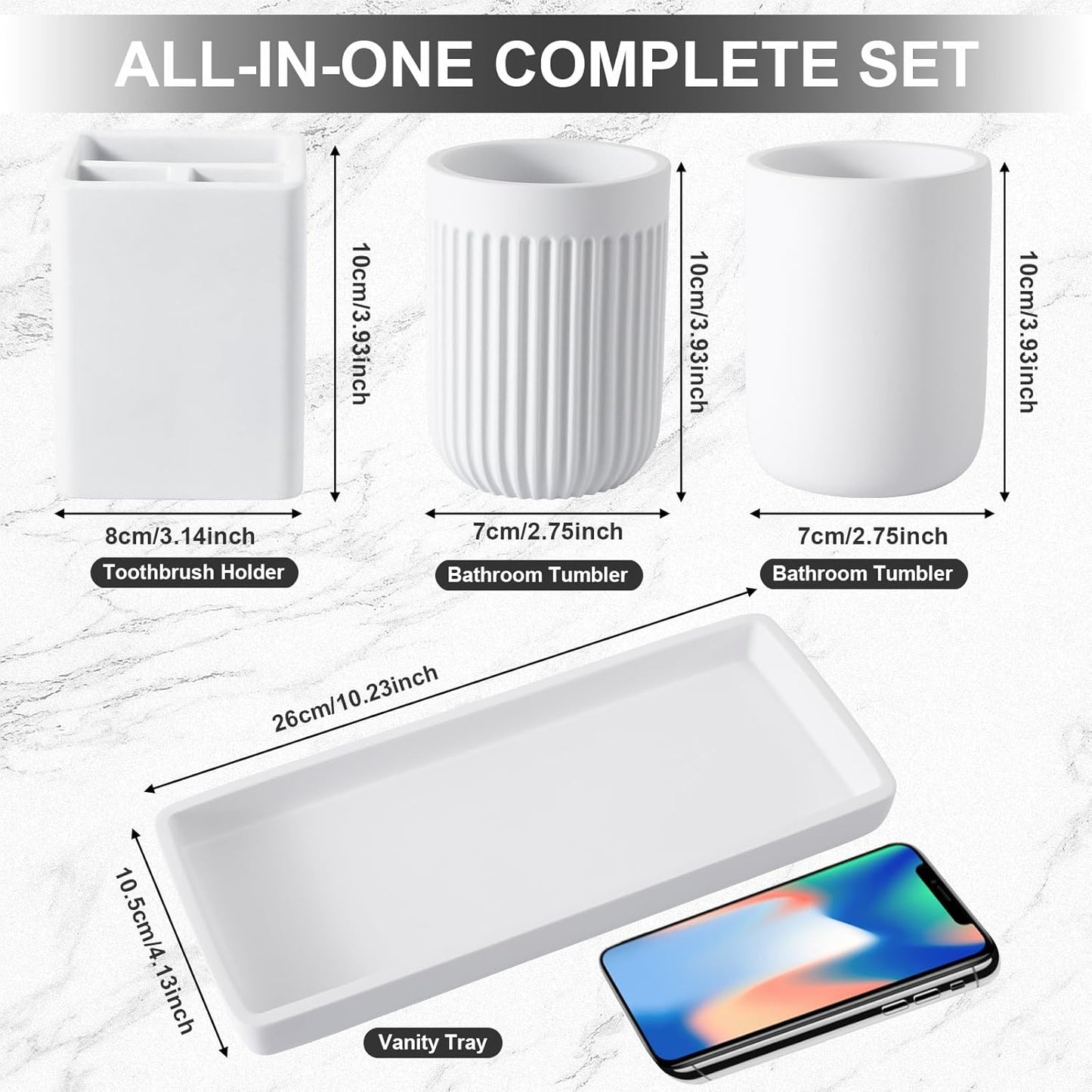 Resin Bathroom Toothbrush Cups Set with Holder and Tray, 4 Pcs Matte White Bathroom Accessories Set Counter Organizer for Sink Home Decor