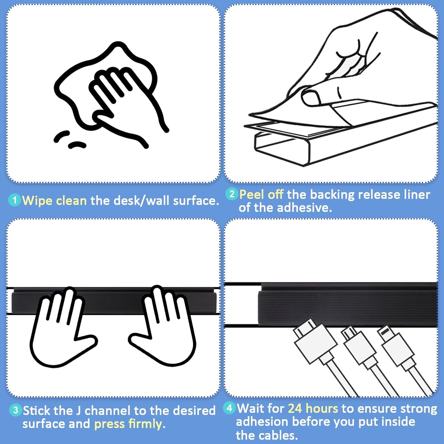 3 Pack Self-Adhesive Under Desk Cable Organizer, Under Desk Wire Hider, Cord Management, Black