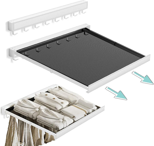 LETINE Wall Mounted Drying Rack: Retractable Indoor Clothes Drying Rack – Aluminum Alloy Frame w/Soft Mesh Surface. Laundry Rack & Temp Shelf for Balcony, Bathroom, Kitchen. Includes 6 Hooks.