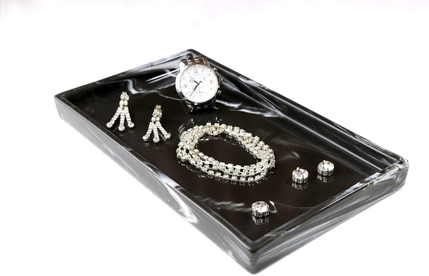 Bathroom Tray,Goporcelain Marble Tray for Bathroom Counter Decor Ceramic Perfume Organizer Vanity Tray for Dresser Jewelry Dish Key Plate Rectangle Marble Sink Trays Countertop Organizer Black,Medium