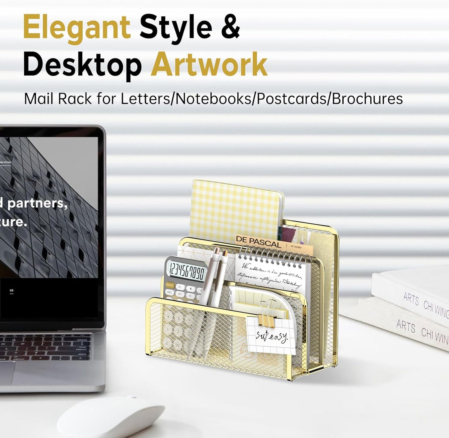 SUPEASY Mail Organizer for Desk, Mesh Metal Mail Holder Countertop with 3-Slot, Letter Sorter File Holder, Office Envelope Organizer for Mails (Gold)