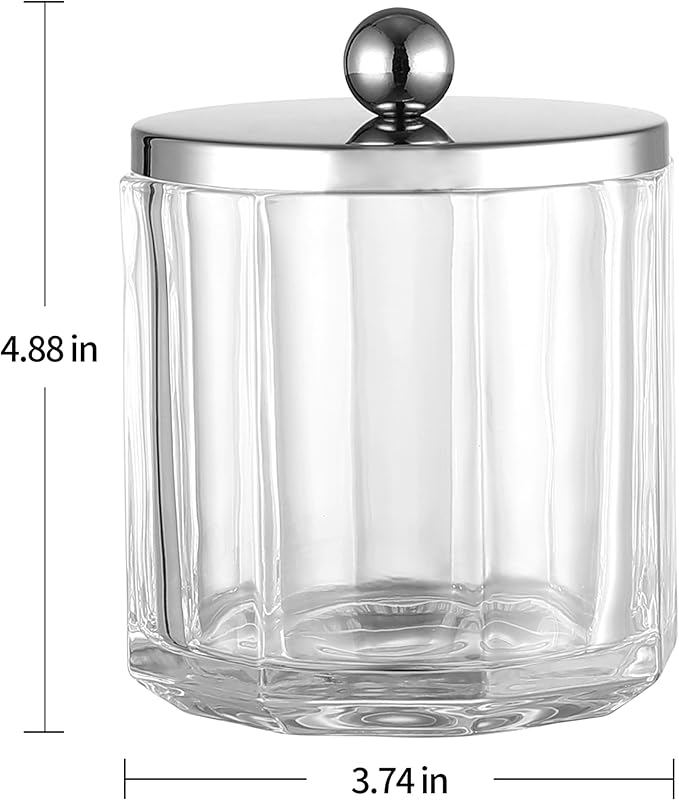 Clear Transparent Apothecary Octagional Shaped Glass Canister Jar With Silver/Chrome Metal Lid Cover for Bathroom Organization, Cotton Balls, Q Tips, and Small Accessories, Bath Storage