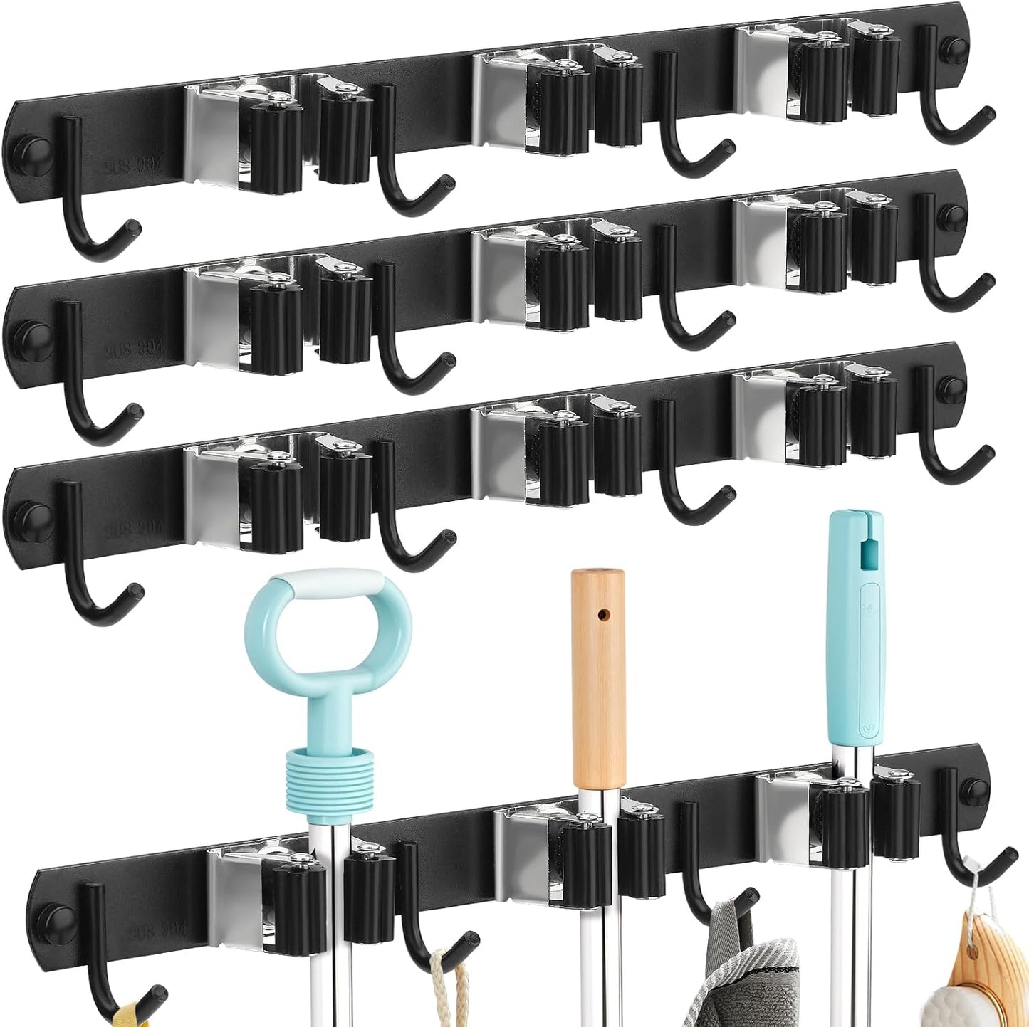 3 Pack Black Mop and Broom Holder Wall Mount Self Adhesive 3 Racks with 4 Hooks Broom Organizer Wall Mount Stainless Steel Broom Hanger for Home Kitchen Garden Laundry Garage Organization Storage