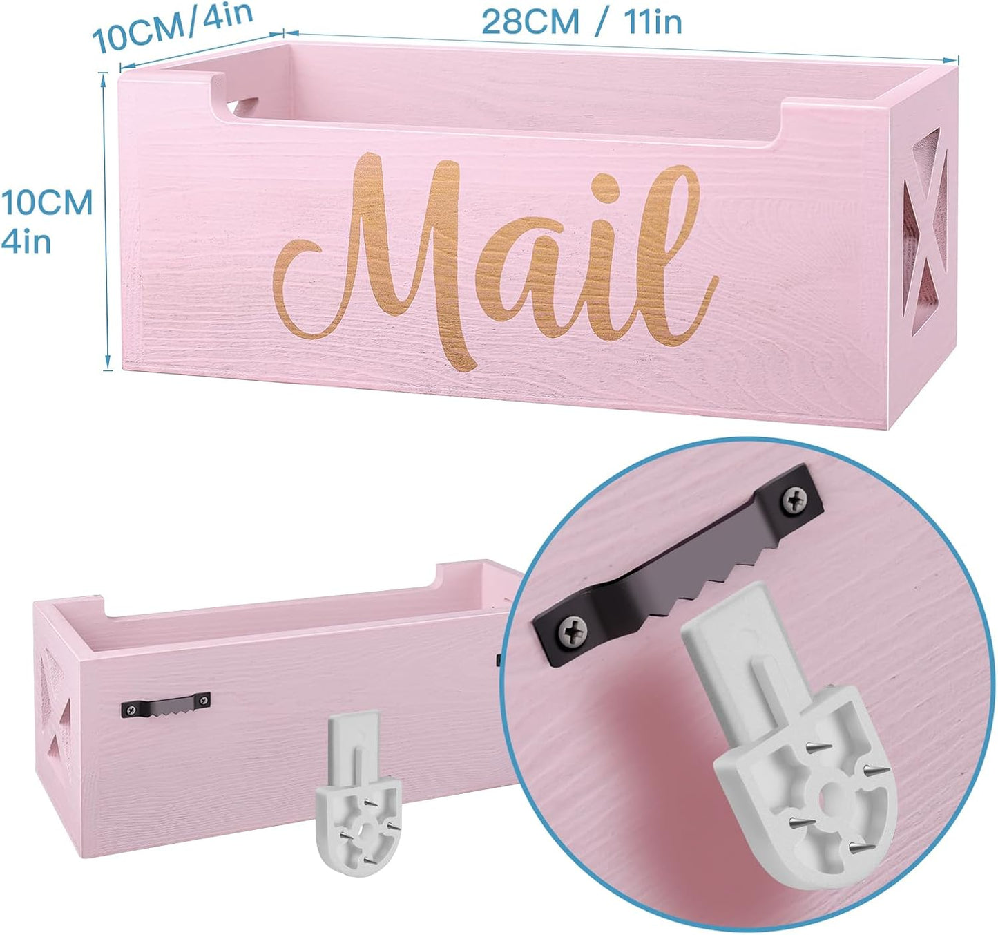Pink Mail Organizer Cute Mail Holder Countertop, Wooden Mail Basket Mail Tray Letter Holder for Office Desk, Farmhouse Mail Storage Box Wall Mounted