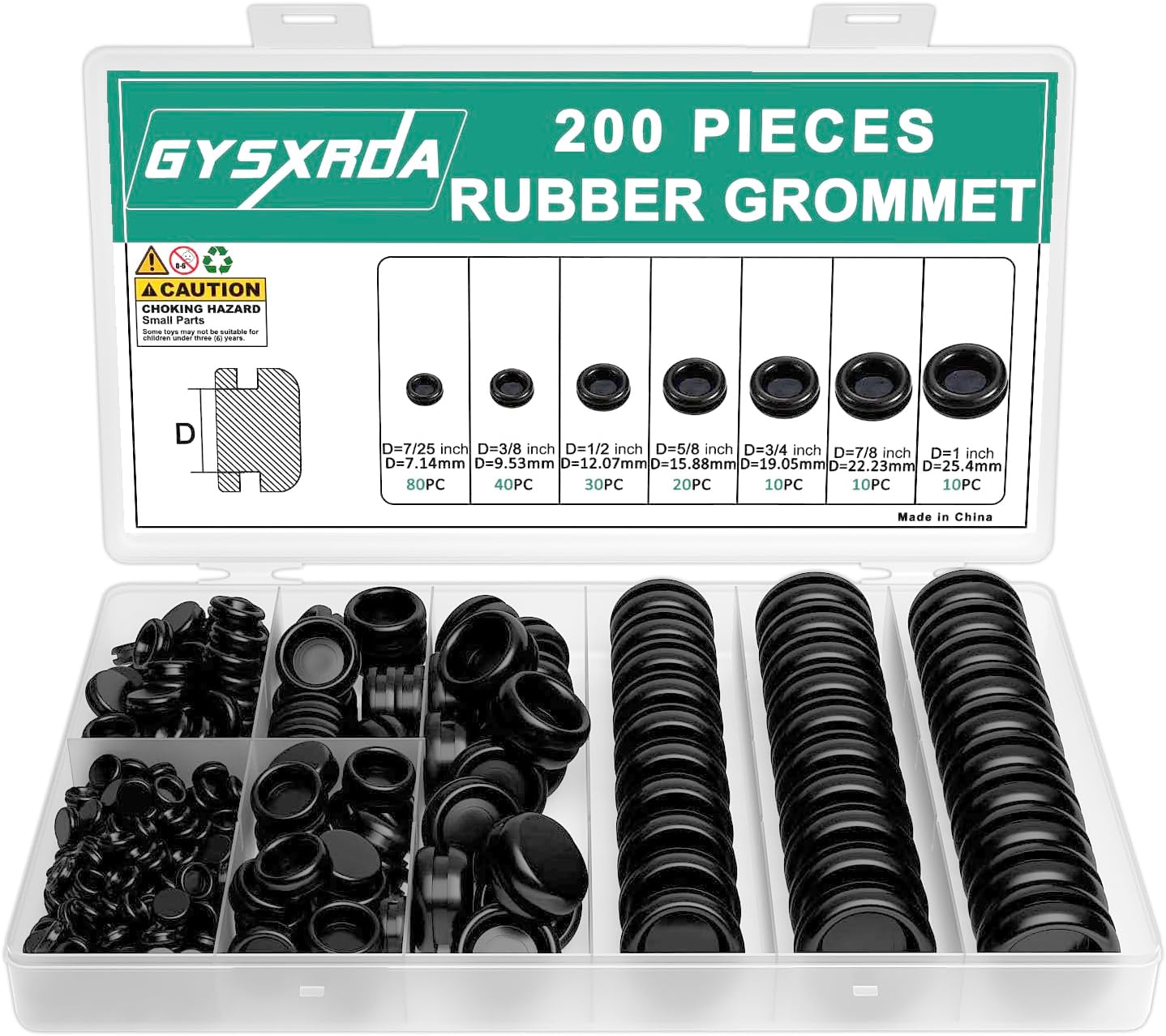 Rubber Grommet Kit 200 Pack - 7 Sizes Firewall Rubber Hole Plugs Rubber Grommets for Wiring, Automotive, Home Improvement Cord Pipe Wire Organization (7/25, 3/8, 1/2, 5/8, 3/4, 7/8, 1 inch)