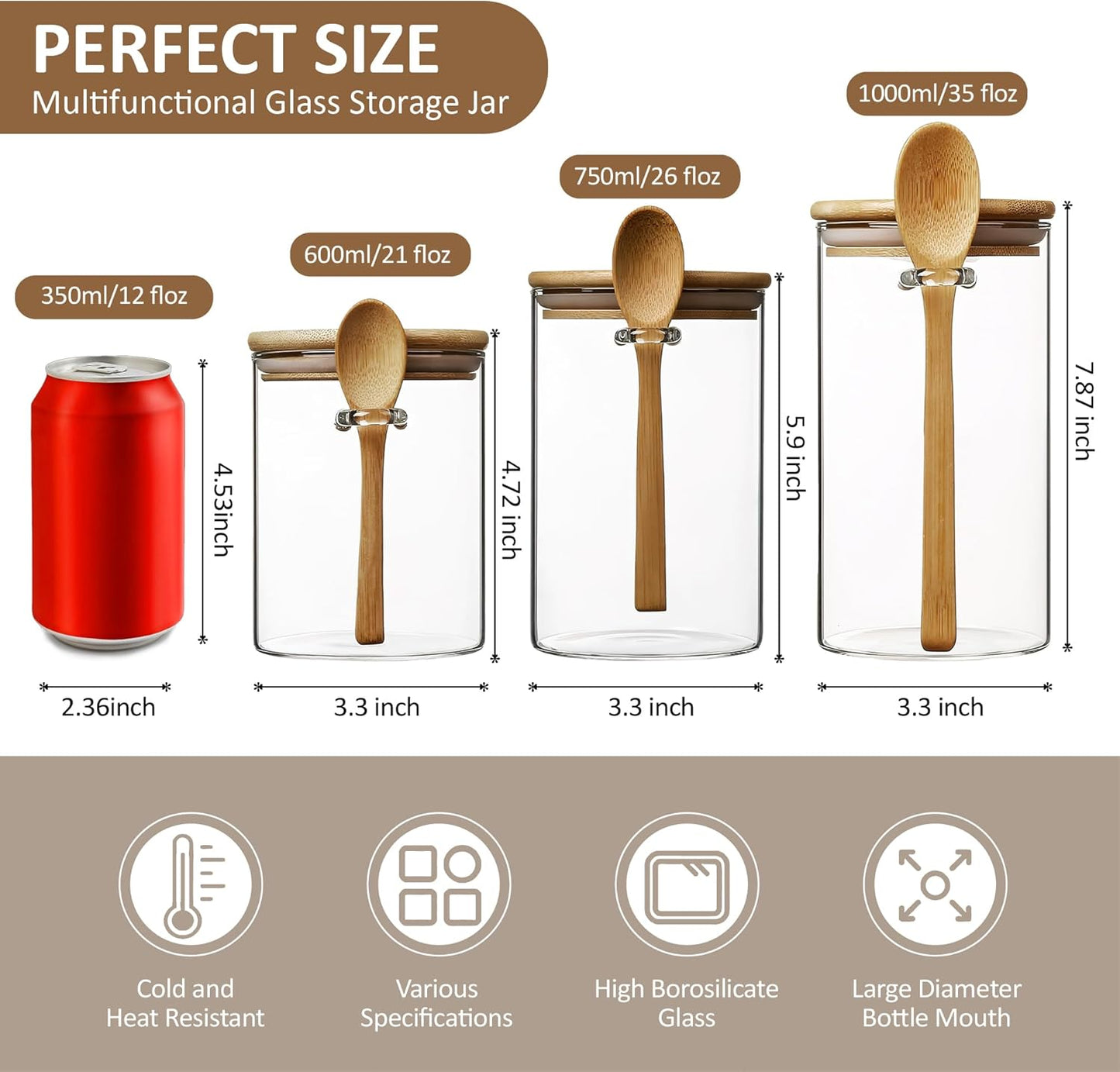 15 oz/450 ml Glass Storage Canister with with Airtight Lid, Cute Clear Decorative Container Jar with Wooden Spoon for Coffee Spice Candy Salt Cookie Condiment Sugar Matcha Tea Overnight Oats