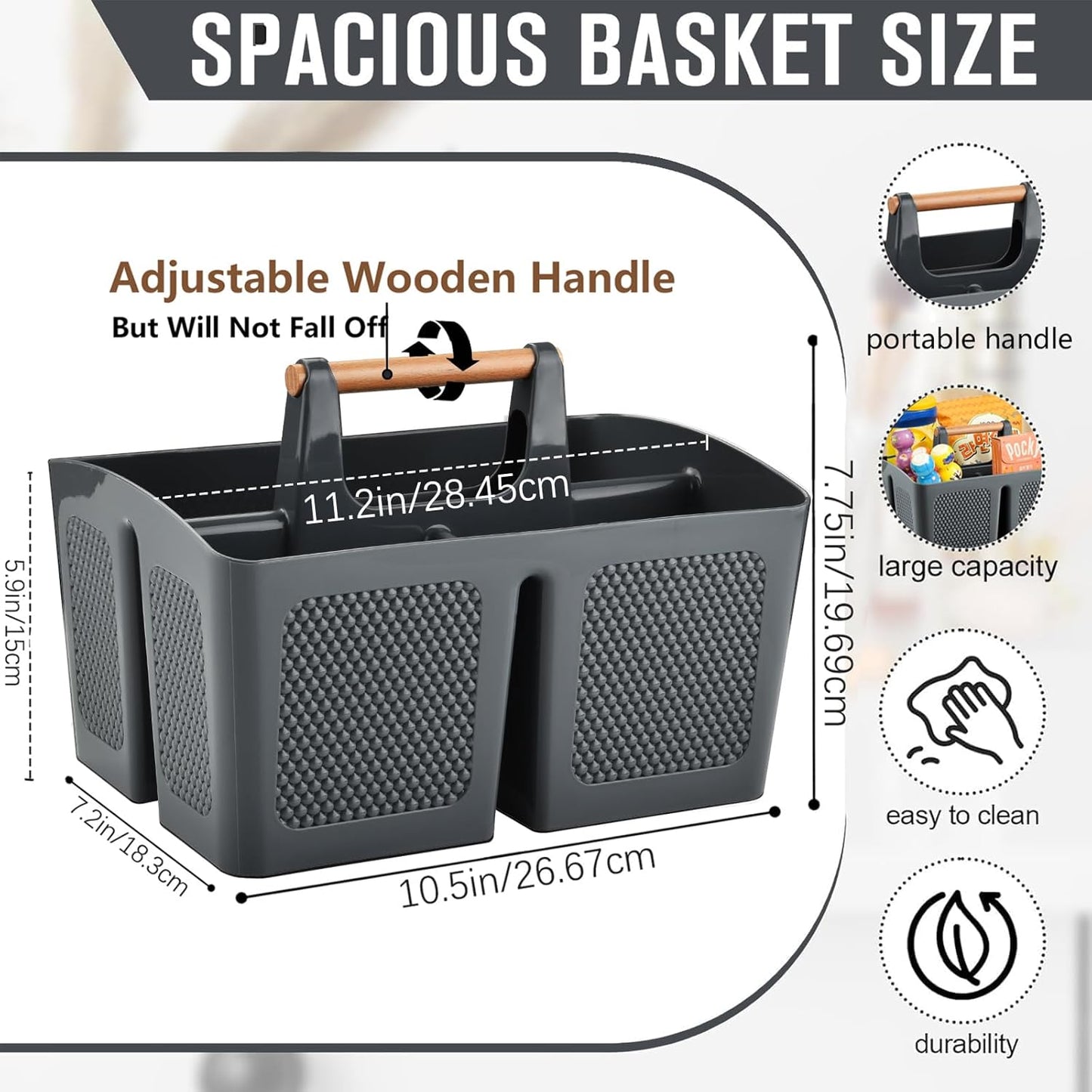 Haundry Plastic Gray Shower Caddy Basket with 3 Compartments, Portable Divided Bathroom Cleaning Caddy Organizer Storage Tote with Handle for Dorm,College, Room Essentials