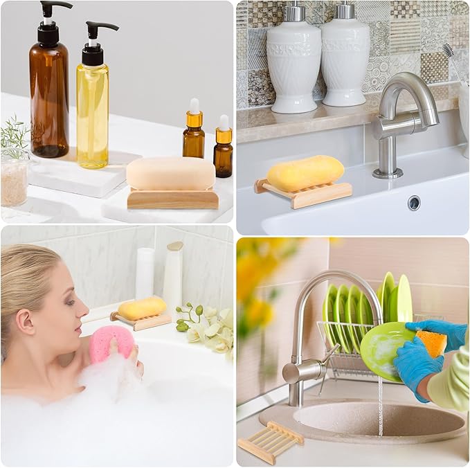 Amyhill 25 Pcs Bamboo Wood Soap Dish Bulk Bathroom Wooden Soap Holder Savers Self Draining Dishes Handcraft Tray, 3.3 x 3.3 x 0.67 Inch (Wood Color)