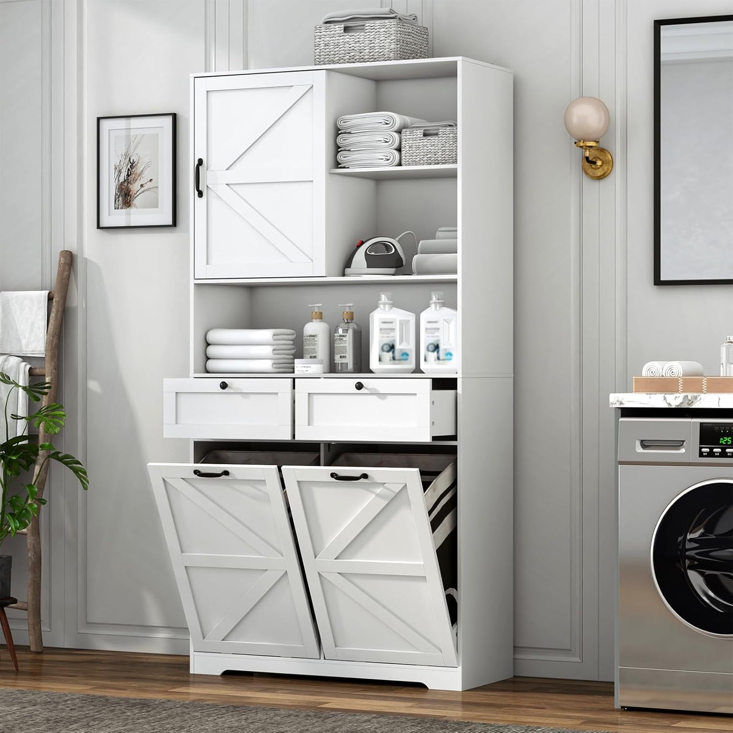 78" Tall Tilt-Out Double Doors Laundry Cabinet Hamper w Hidden Laundry Hamper,Large Pull Out Laundry Room Storage Cabinets,Kitchen Double Tilt Out Trash Cabinet,13X2 Gallon Bathroom Organizers(White)
