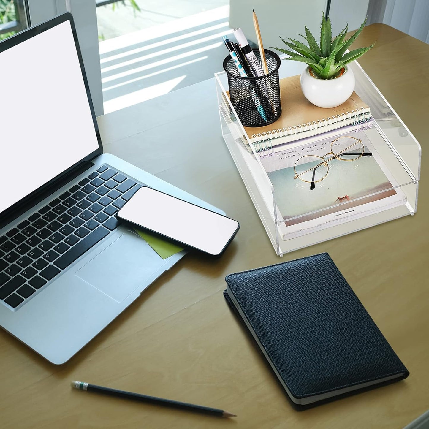 Yulejo 2 Pcs Acrylic Desk Organizers and Accessories Tier Paper File Organizer Tray Stackable Document Clear Desk Accessories for Office Workspace Organization (12.01 x 9.25 x 2.68 Inch)