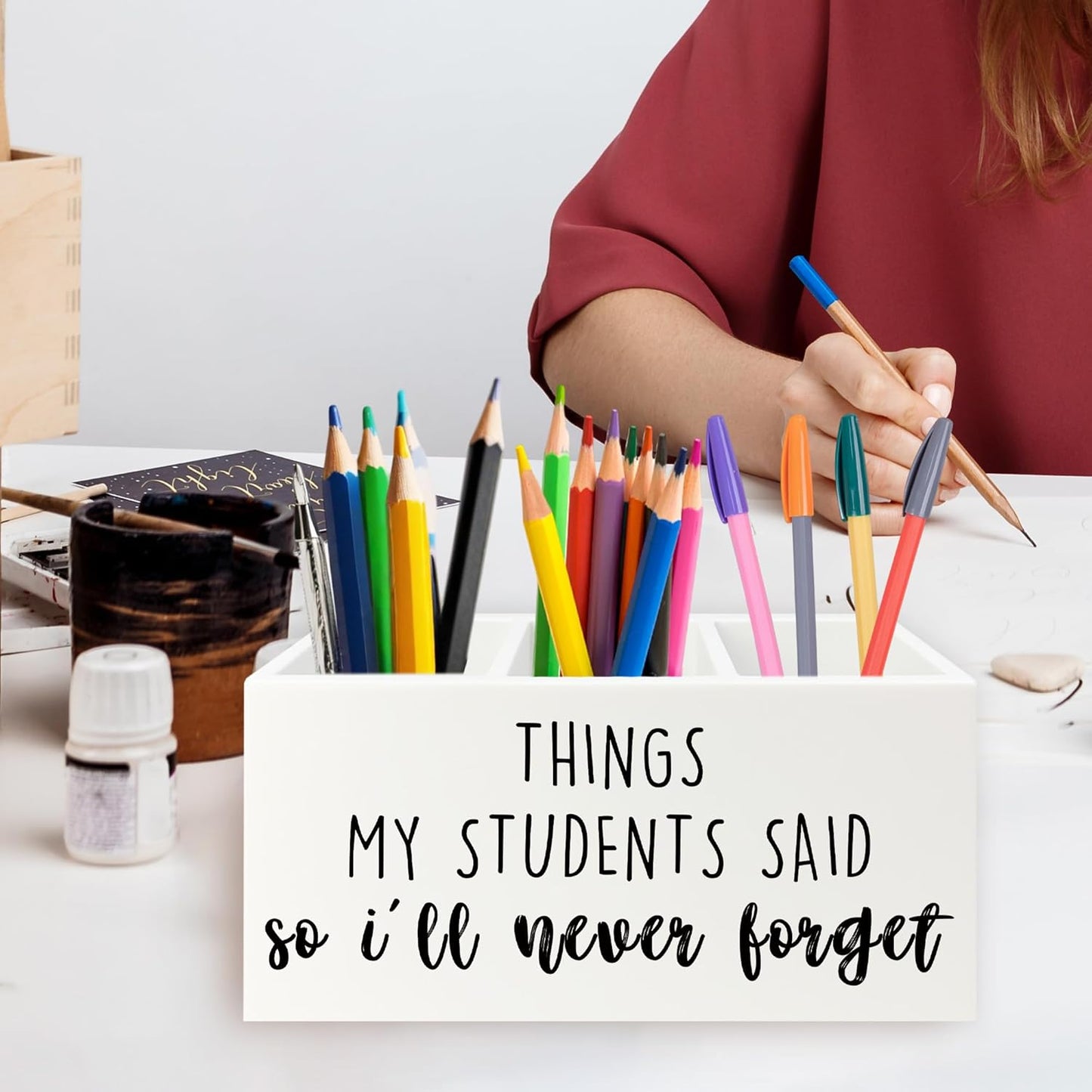 Teacher Gifts Pen Pencil Holder Organizer for Desk, Things My Students Said So I'll Never Forget Wooden Box Signs Decorations for Home Office Desk Tabletop, Teacher Appreciation Gifts