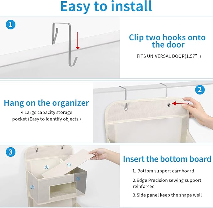 MAX Houser 4-Shelf Over The Door Hanging Organizer with 2 Metal Hooks, 4 Pocket Swing-Proof Behind Door Organizers with Clear Windows for Nursery Bathroom Closet,Dorm,Baby Diapers, Kids Toys (Beige)