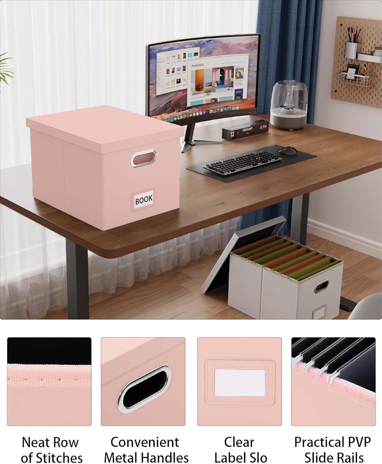 2 Pack File Storage Organizer, Portable File Box with Lid, Fit for Letter/Legal File Folder Storage, Cream-pink (Leather) Box
