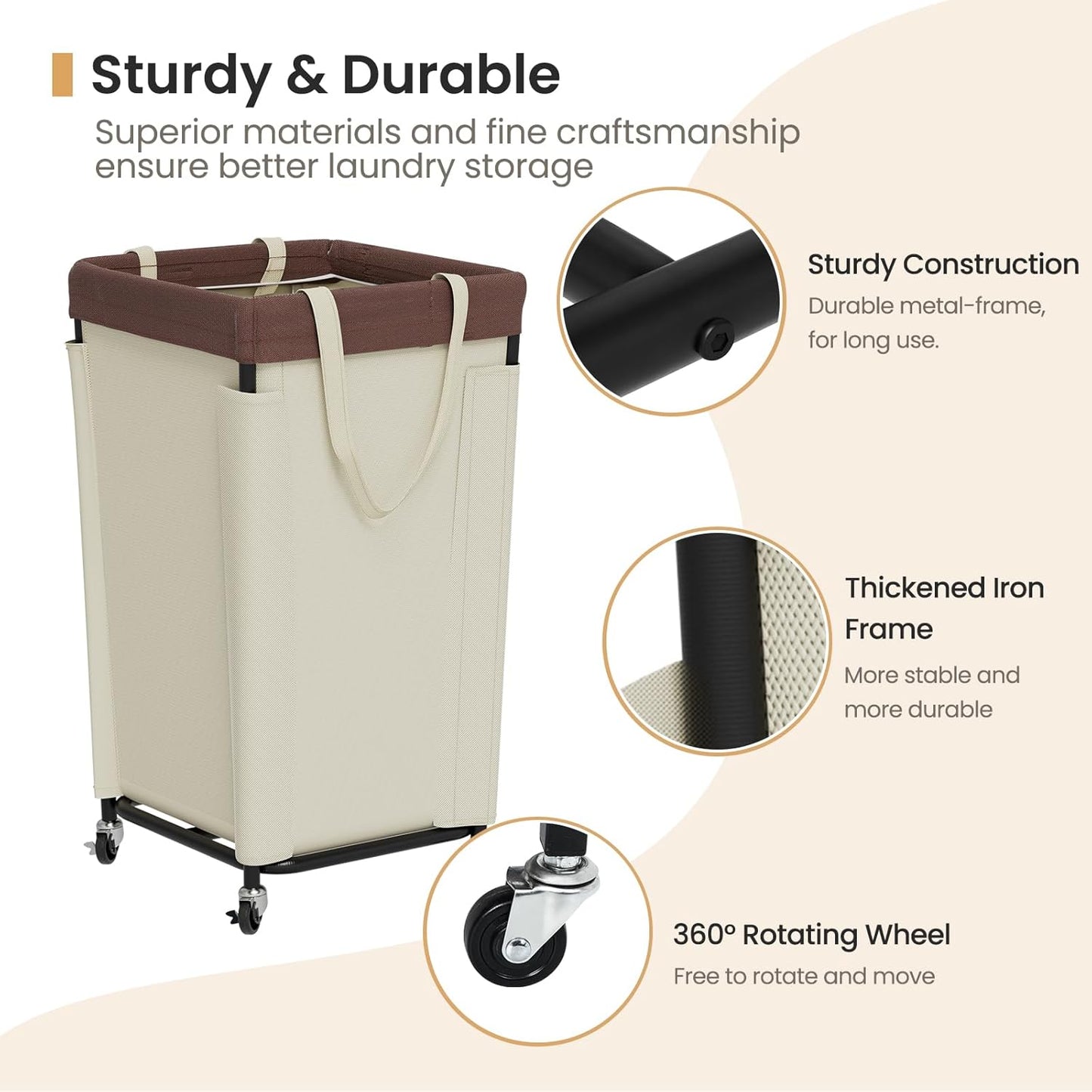 Laundry Basket with Wheels, Laundry Hamper with Removable Bag and Steel Frame, 160L Rolling Dirty Clothes Basket for Bedroom, Bathroom, Laundry Room (White-Brown)