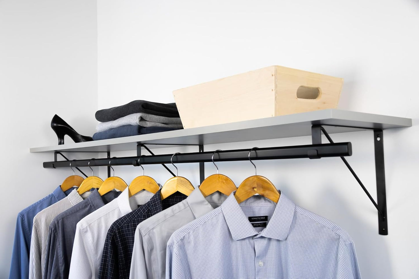 Custom Cut-to-Size Premium Wall-Mounted Shelf with Rod and Bracket Kit. 3/4" Thick Shelves, 14 inches deep. Customize The Length from 16" up to 72".