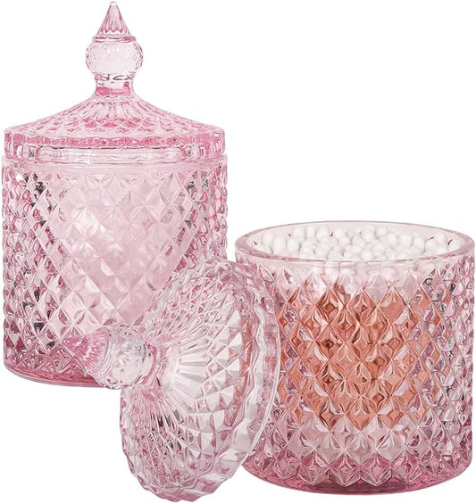 rejomiik 2 Pack Qtip Holder Thick Glass Apothecary Jars with Lid for Bathroom Decor Storage Organizer for Cotton Swabs, Balls, Pads, Floss Picks, Candy, Jewelry, Pink