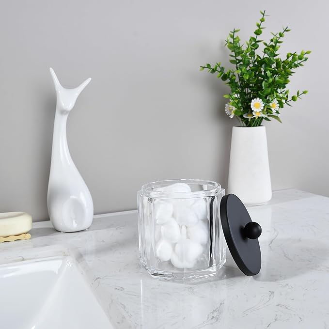 Clear Transparent Apothecary Octagional Shaped Glass Canister Jar With Matte Black Metal Lid Cover for Bathroom Organization, Cotton Balls, Q Tips, and Small Accessories, Bath Storage