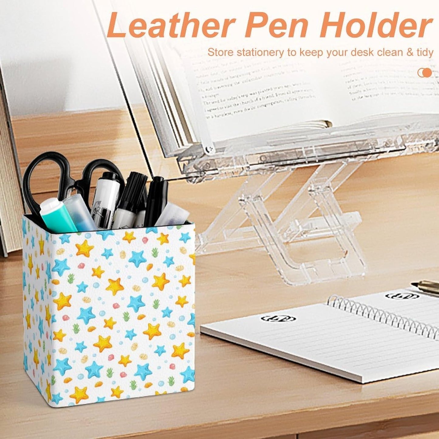 Square Pen Holder & Pencil Organizer for Desk - Office Storage Organizer, Markers/Makeup Brushes/Scissors Holder, Compact Desk Decor Accessories for Home Classroom School(Starfish)