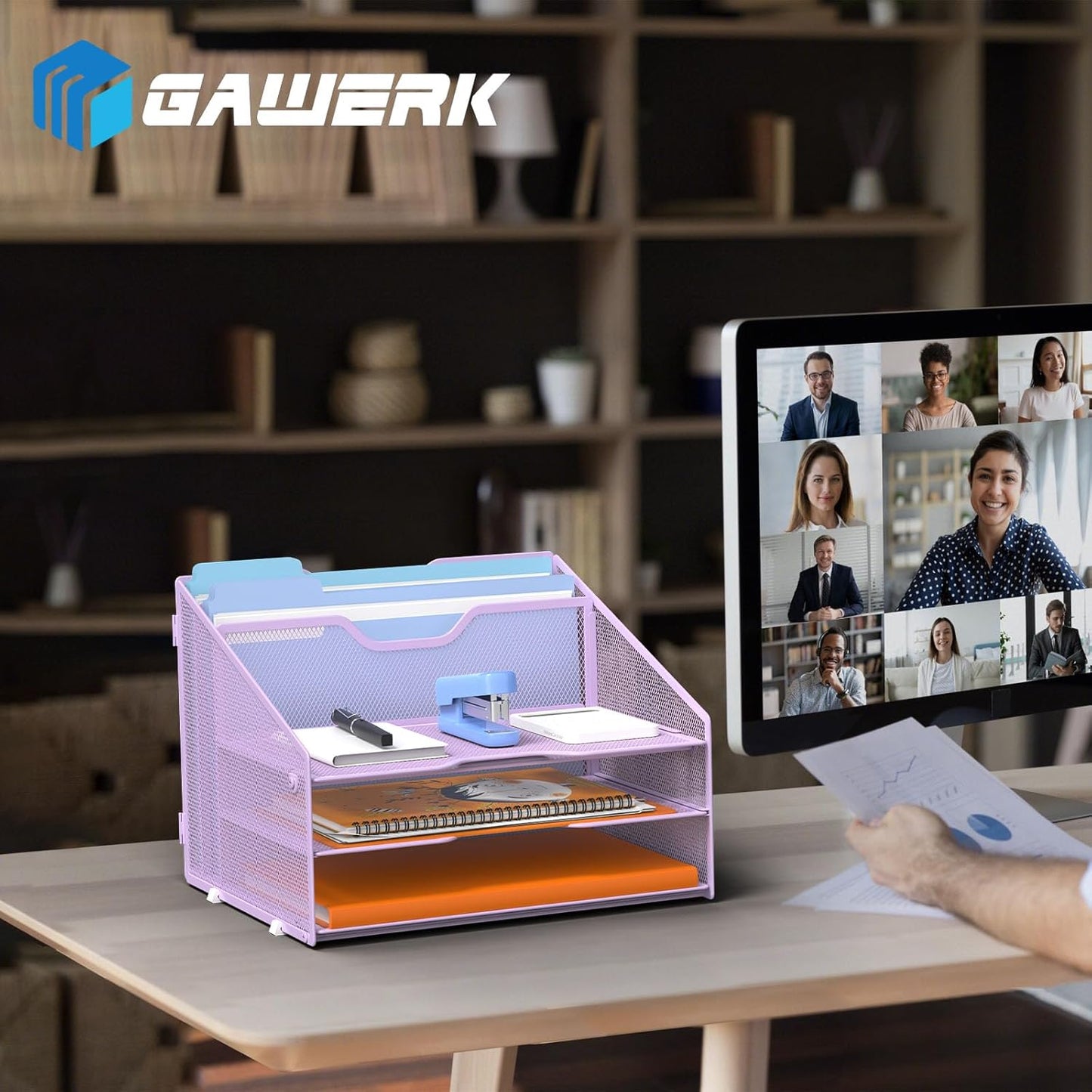 Letter Tray Organizer, Mesh Desk File Organizer with 3 Paper Trays and 2 Vertical Upright Section (Purple)