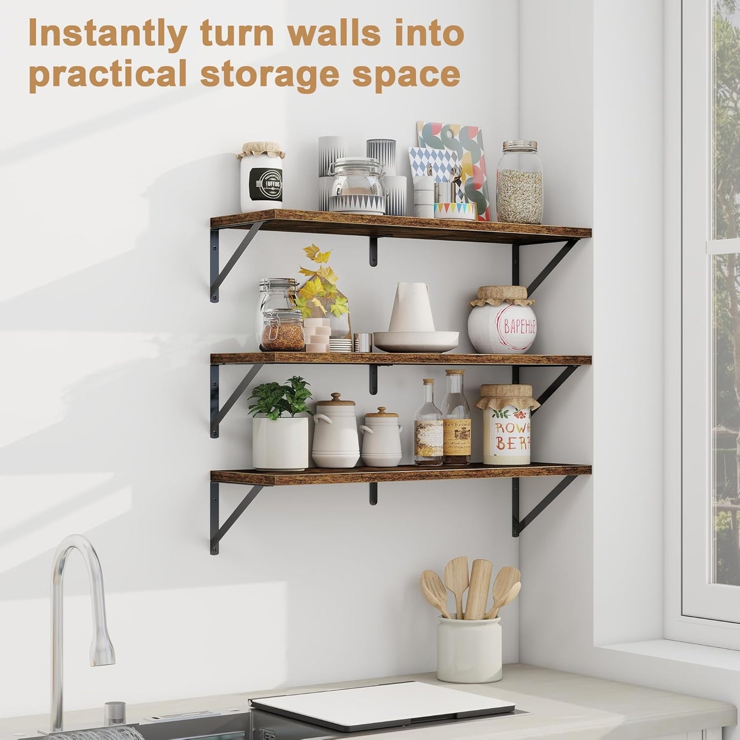 Fun Memories Floating Shelves, 32 x 8 Inches, Set of 3 Wall-Mounted Bookshelves with Metal Brackets, Decorative Storage for Home and Office (Rustic Brown)
