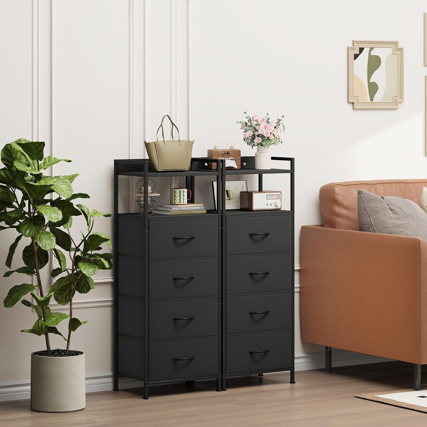 Somdot Night Stand with 4 Drawers, Vertical Storage Tower Fabric Dresser for Bedroom, Nightstand Bedside Table Furniture, Sturdy Steel Frame, Wooden Top & Easy Pull Fabric Bins, Black