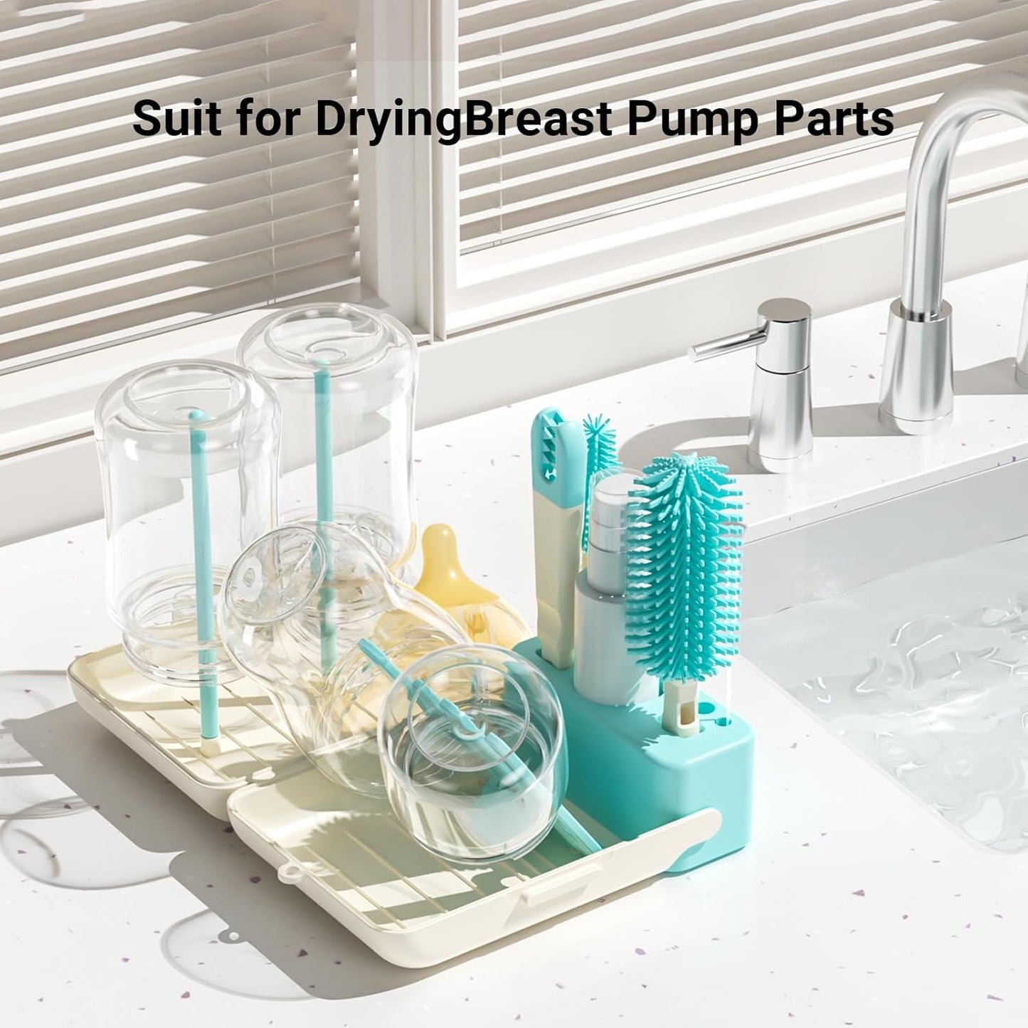 Baby Bottle Brush Cleaner Set - 7 in 1 Travel Bottle Cleaning Brush Kit with Silicone Bottle Brush, Nipple Brush, Soap Dispenser, Portable Drying Rack, Breast Pump & Bottle Cleaning Kit - Lake Green