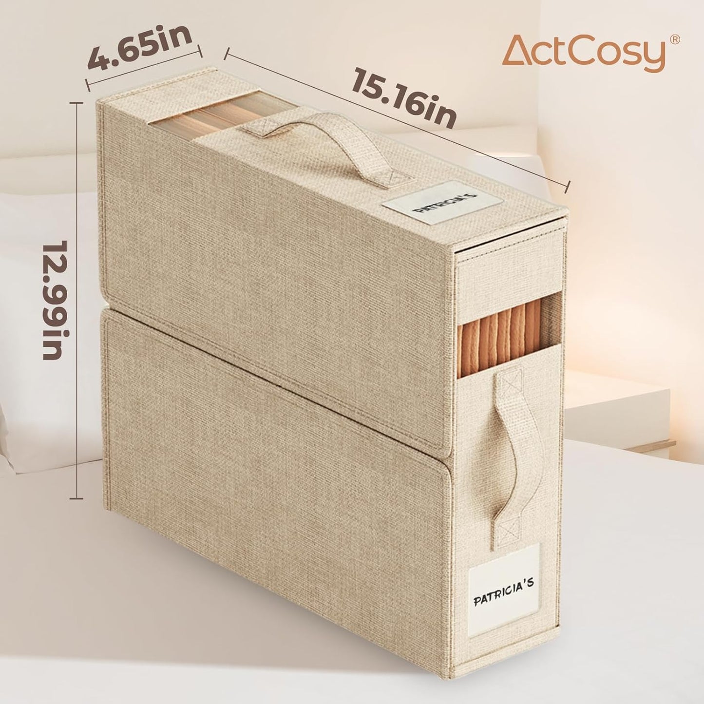 Sheet Organizers and Storage with Handles – Foldable Linen Closet Storage for King & Queen Sheet Sets – Clear Window & Removable Labels – Dustproof & Space-Saving Design, 6 Pack, Beige