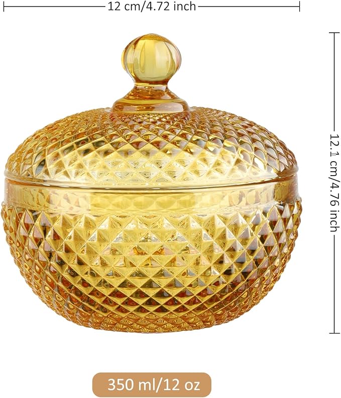 Joeyan 12 oz Small Amber Glass Jars with Lid,Embossed Glass Candy Dishes,Diamond Faceted Food Container,Decorative Jewelry Box Apothecary Canisters,Colored Kitchen Bathroom Buffet Storage Organizer