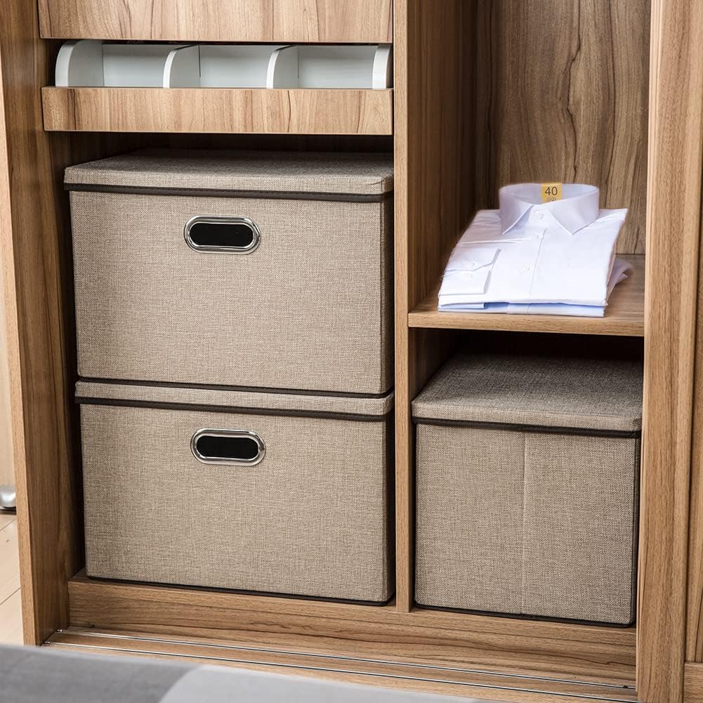 PRANDOM Extra Large Collapsible Storage Bins with Lids [5-Pack] Linen Fabric Foldable Storage Baskets Boxes Organizer Containers Cube with Cover for Bedroom Closet Office Nursery (22.8x15.75x13.8)