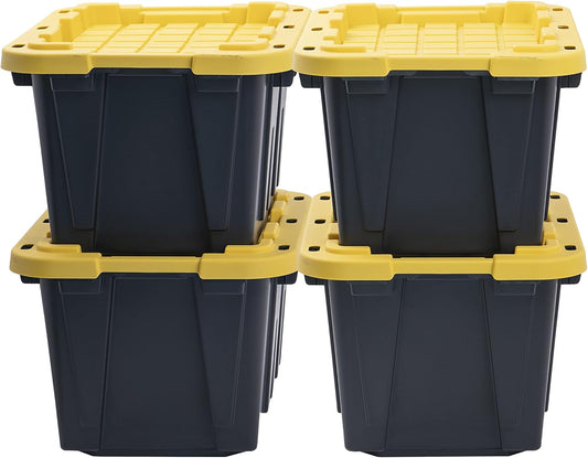 CX BLACK & YELLOW, 12-Gallon Heavy Duty Tough Storage Container & Snap-Tight Lid, (12.51"H x 16.3"W x 21.8"D), Weather-Resistant Design and Stackable Organization Tote [4 Pack]