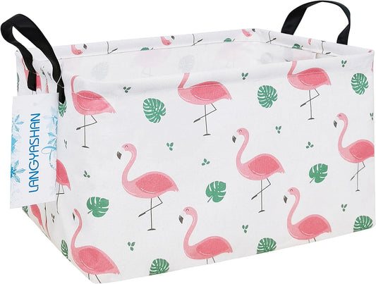 LANGYASHAN Rectangular Storage Bin Collapse Canvas Fabric Cartoon Storage Basket with Handles for Organizing Home Kitchen Boys and Girls Toys Office Closet Shelf Baskets(Rec Leaf Flamingo)