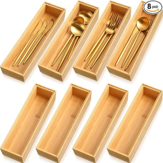 Kigley 8 Pieces Bamboo Drawer Organizer Kitchen Utensils Wooden Utensil Stackable Wooden Storage Box Bamboo Silverware Tray for Drawer(12 x 3 x 2 Inch,Wood)