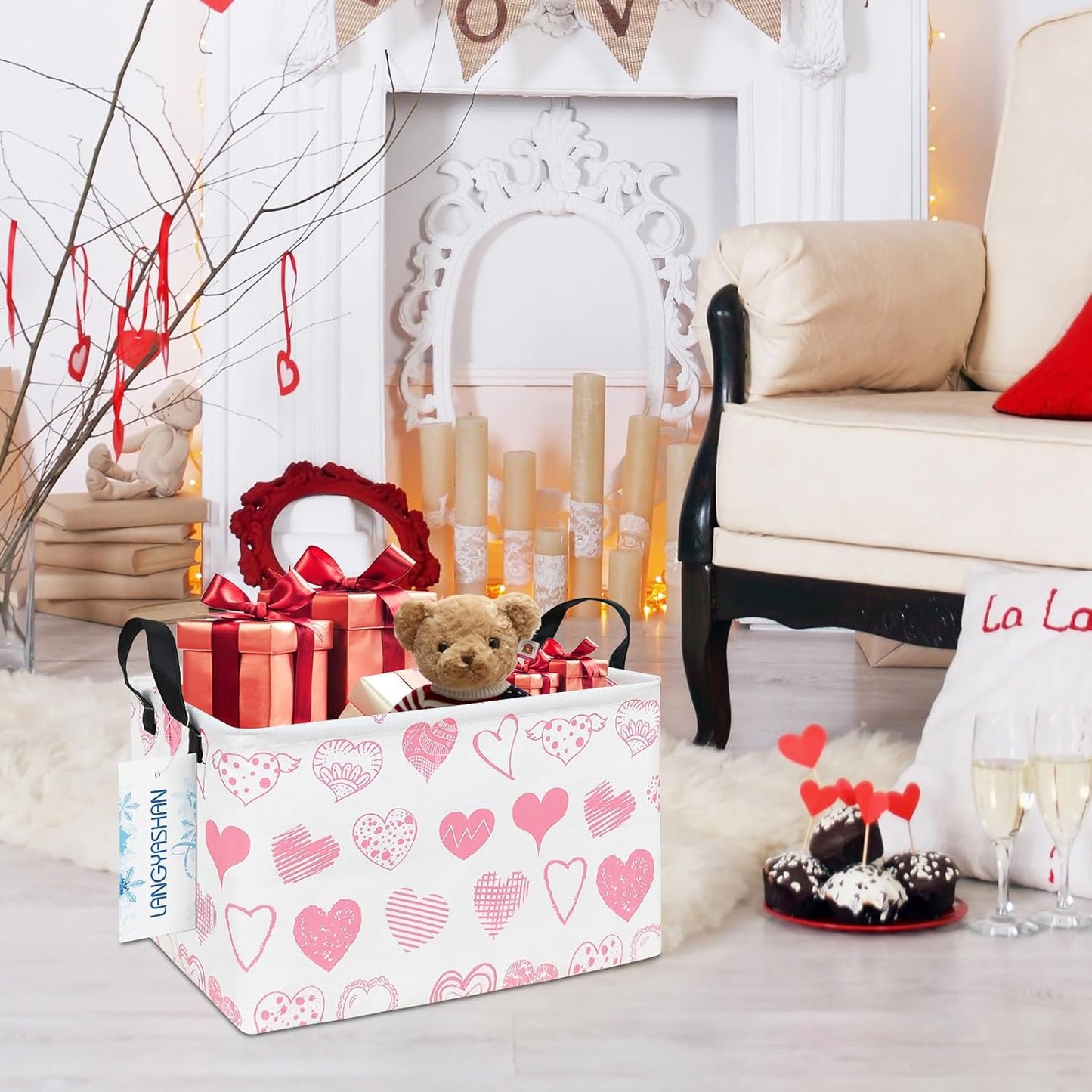 LANGYASHAN Rectangular Storage Bin Collapse Canvas Fabric Cartoon Storage Basket with Handles for Organizing Home Kitchen Boys and Girls Toys Office Closet Shelf Baskets (Rec Angel Heart)