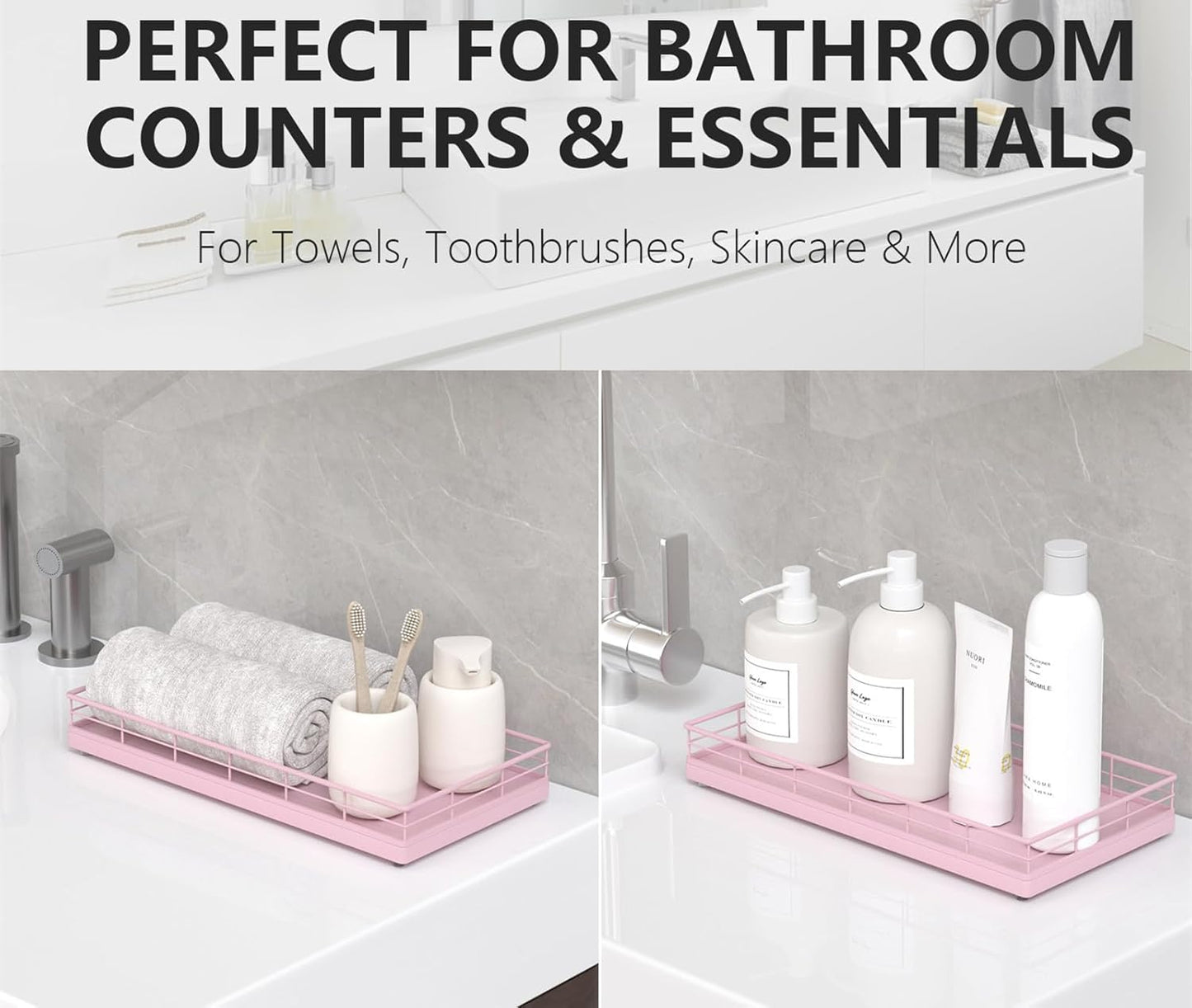 Toilet Tank Tray Organizer – Oak Wood Bathroom Counter Basket with Metal Frame, Back of Toilet or Tank Top Paper Holder Storage – Pink Modern Decor