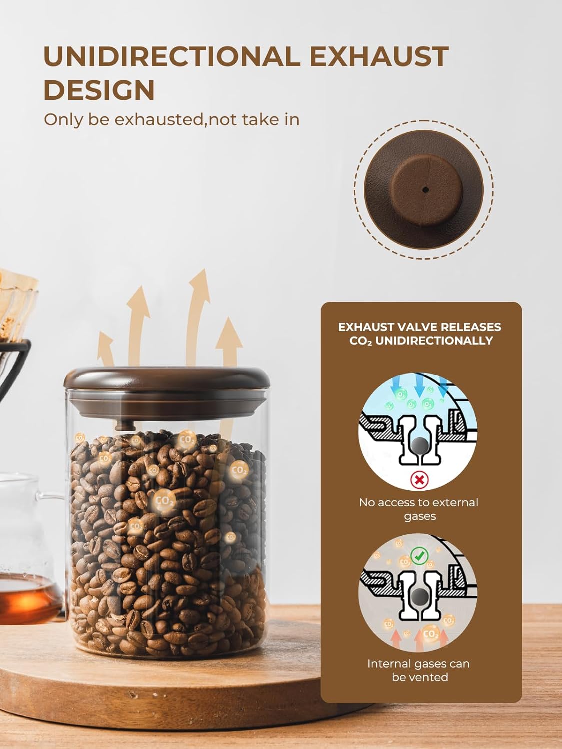 Glass Coffee Bean Jar – Pop Top Air Tight Coffee Bean Container with CO2 Valve, 10 oz Coffee Storage Airtight Canister, 0.63lb