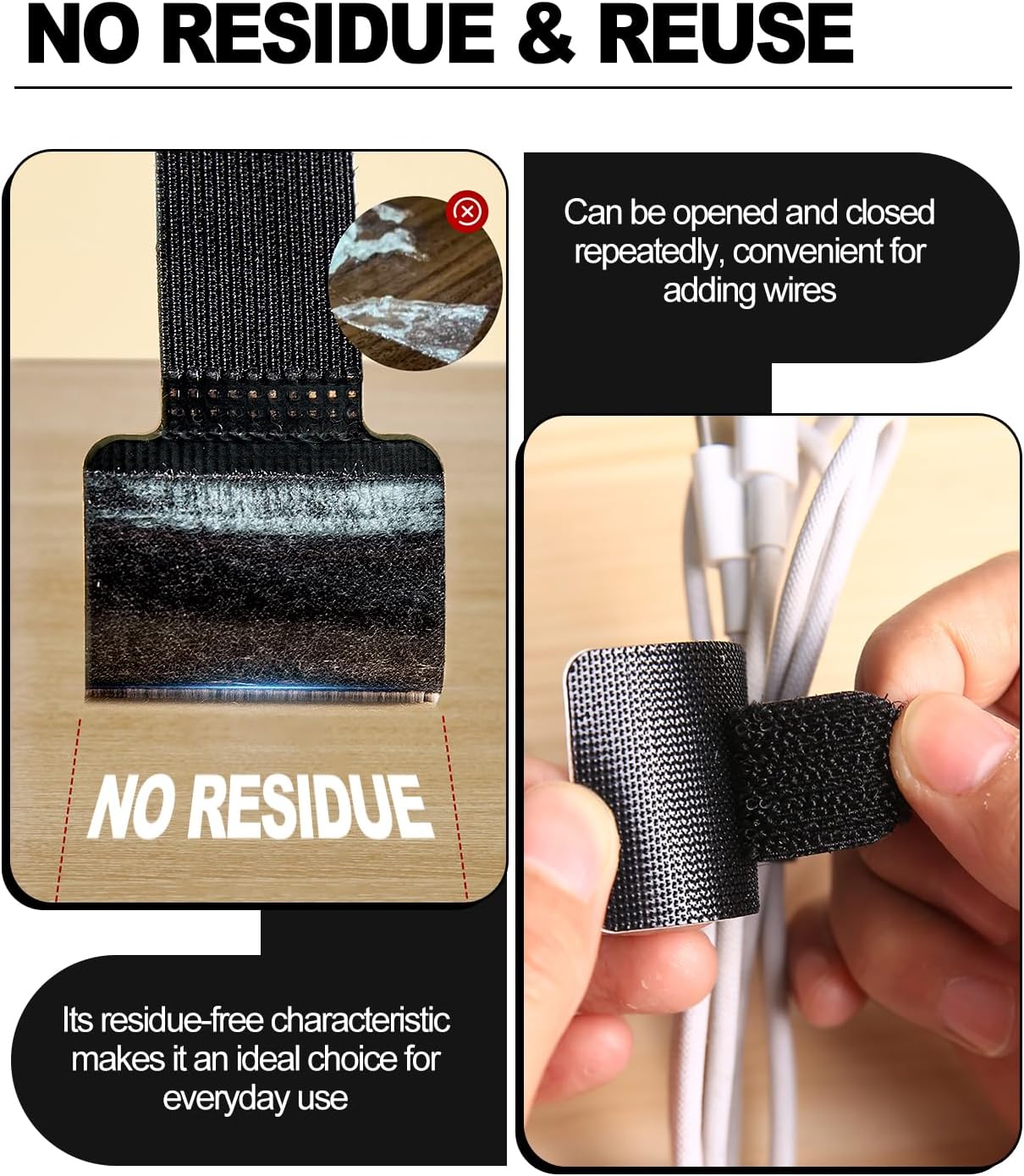 50 Pcs Self Adhesive Cable Tie Reusable Made of 3M, Multi-Purpose Heavy Duty Hook Loop Cable Management Wire Ties for Home,Office,Kitchen,School (5.9" & 3.54", Black & White)