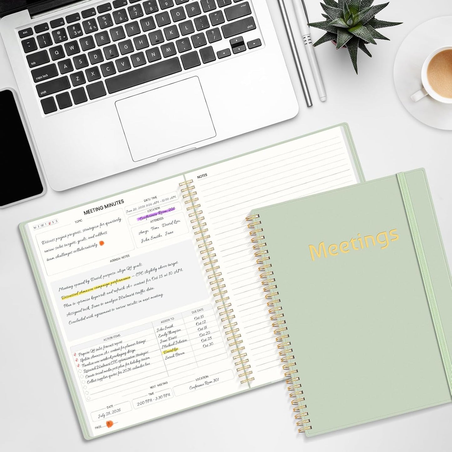 SUNEE Half Meeting Half Note 8.5"x11" Notebook for Work – 140 Pages, A4 Size Project Planner for Women&Men, Minutes Organizer for Meeting Notes, Ideas for Office/Business, PVC Waterproof Cover, Green