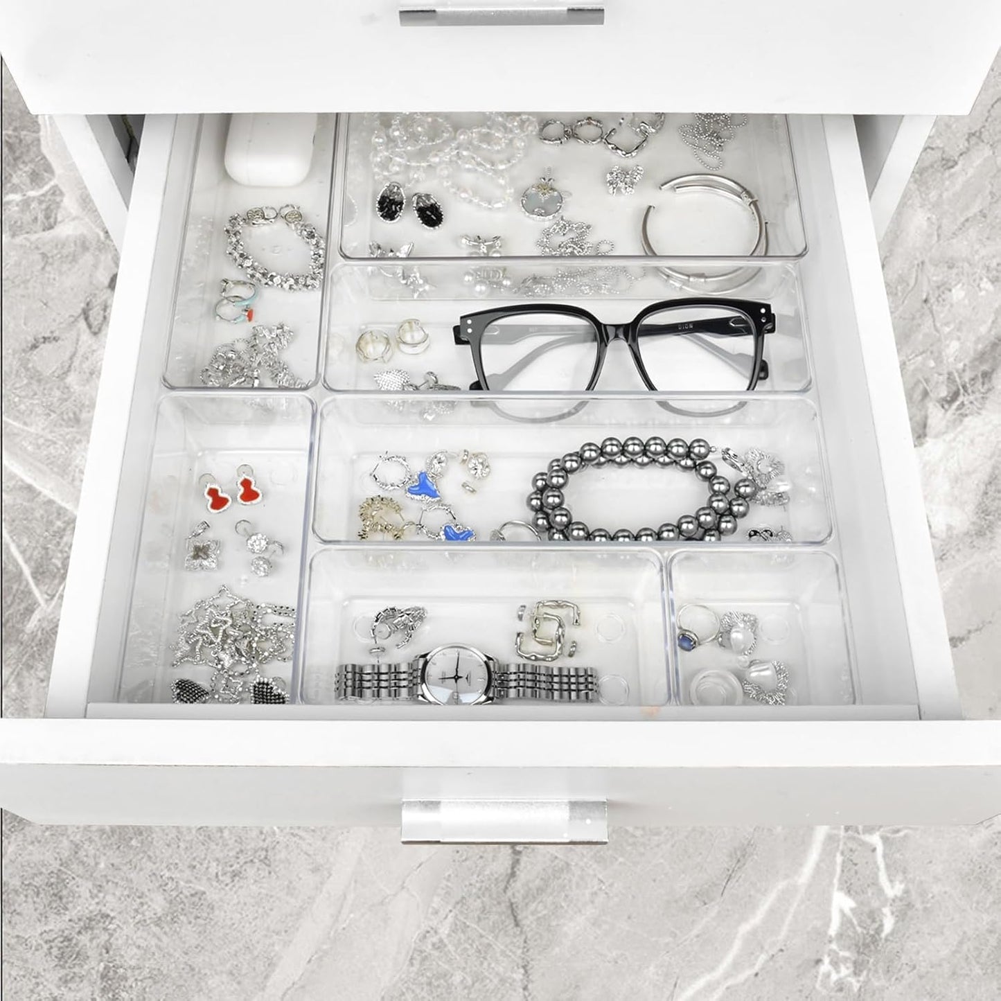 Drawer Organizers Set of 65, 4 Sizes Clear Plastic Drawer Organizers and Storage Bins for Kitchen, Bathroom, Office, Dresser Desk Drawer Organizer Tray for Jewelry, Makeup, Junk, Gadgets