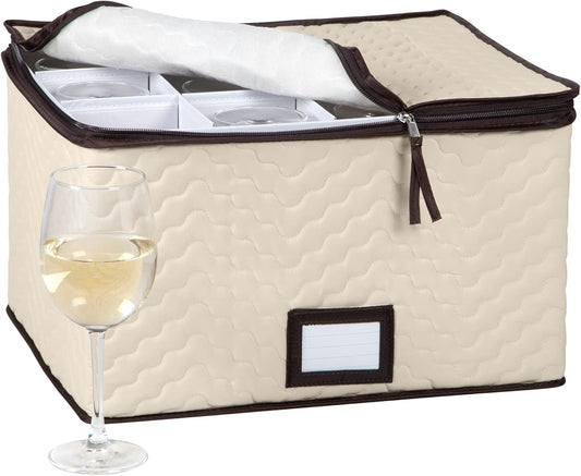 Wine Glass Storage Box with Dividers - Holds 12 Glasses up to 3.75" Wide - Stemware Storage Case - Protects Fine China - Durable Quilted Microfiber Bin with Carry Handles - Ideal for White Wine