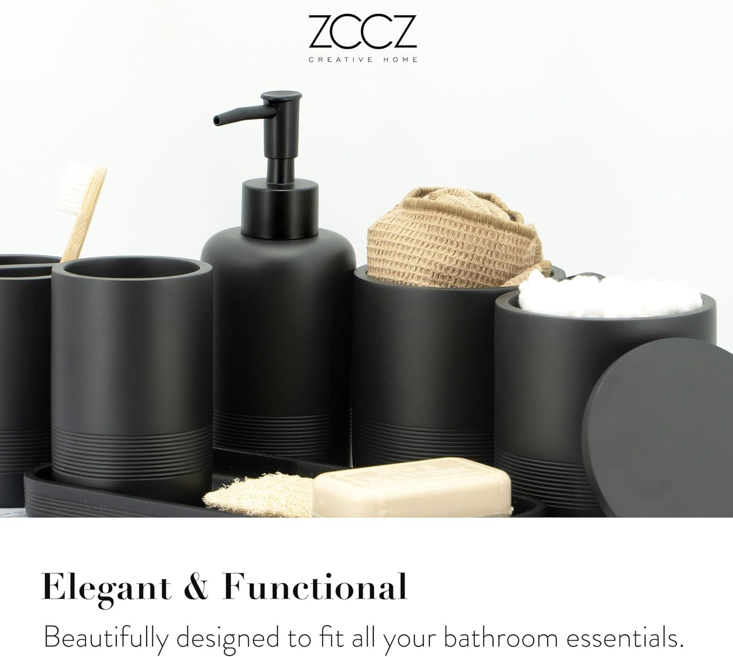 ZCCZ Black Matte Bathroom Accessories Set 6 Pieces - Toothbrush Holder, Lotion Dispenser, Qtip Container, Vanity Tray, Tumbler - Countertop Organizer for Bathrooms - Elegant and Functional Décor Set